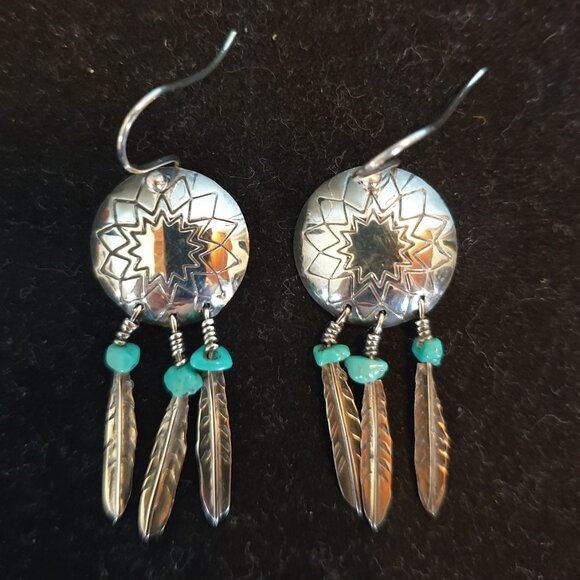 Navajo Dreamcatcher Feather Turquoise Sterling Silver Earrings - Native American - Picture 7 of 11